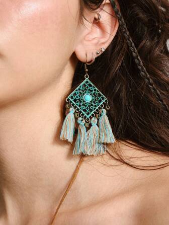 Hippie 3-Piece Bohemian Geometric Lattice Tassel Earrings & Necklace Boho Jewelry Set For Women