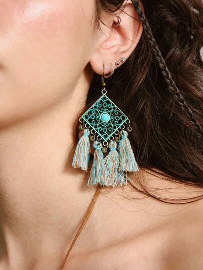 Hippie Conjunto de joyería bohemia de 3 piezas con aretes y collar con borlas y diseño geométrico de celosía