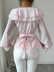 SHEIN Elenzya Áo cánh xếp nếp thanh lịch phong cách Hàn Quốc mới, tinh tế, cao cấp, áo sơ mi dài tay thêu ren ôm vừa vặn màu hồng cho nữ, mùa xuân và mùa thu - Hồng - Xem 3
