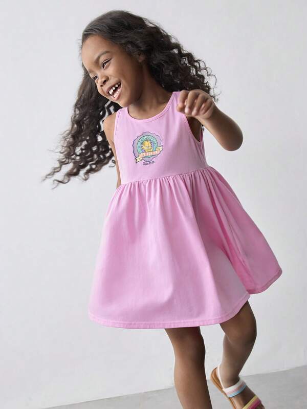 GARFIELD | SHEIN Maija Kids Maija Kids Young Girl Round Neck Cartoon Pattern Sleeveless Dress