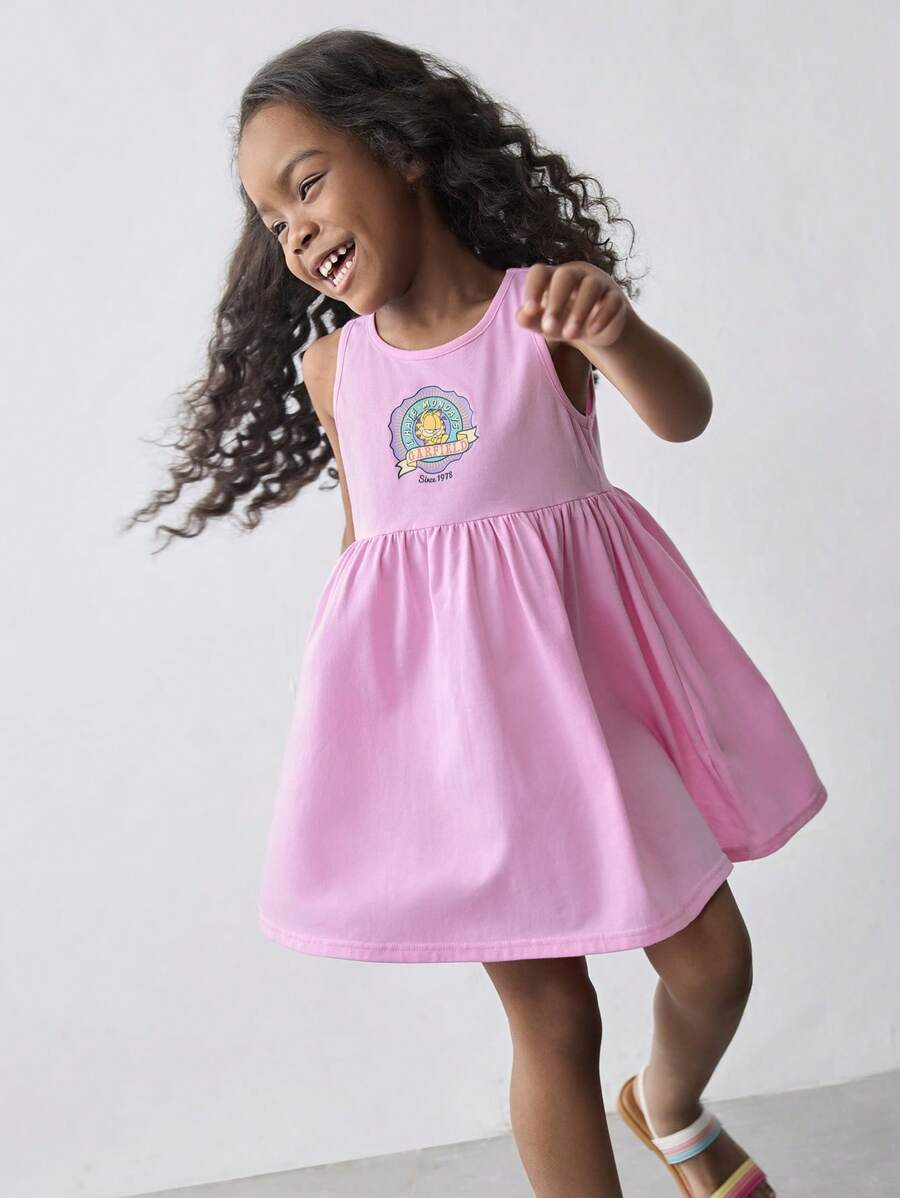 Maija Kids GARFIELD | SHEIN Maija Kids 少女圆领卡通图案无袖连衣裙 - 彩色 - 查看 1