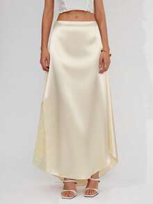 Roylia Women's Spring/Summer Fashion Satin & Contrast Lace Versatile All-Match Skirt - Champagne - View 8