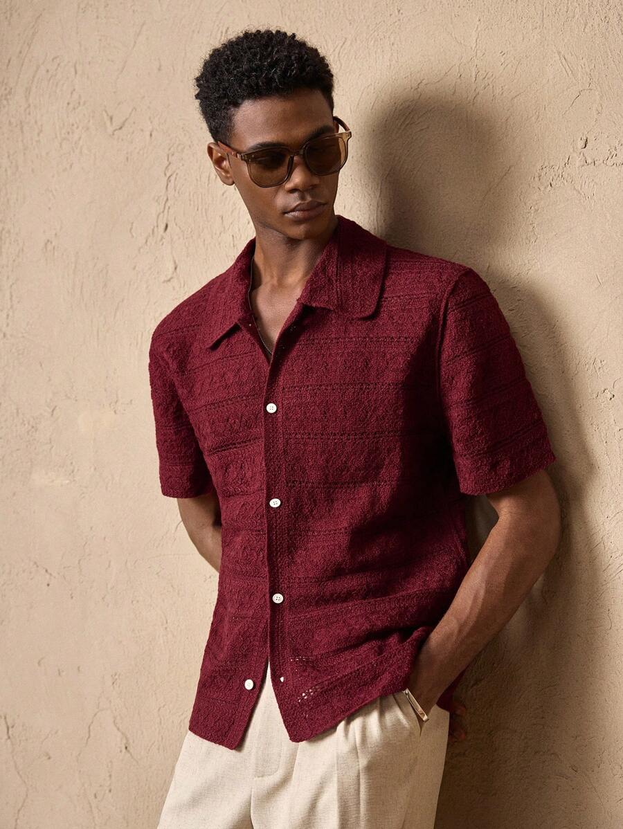 AKNOTIC Party Men's Loose Knit Cardigan, Open Front Design, Suitable For Casual Everyday Wear In Summer - Burgundy - View 1