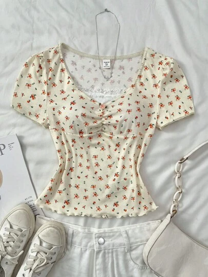 SHEIN Teen Girls Cute Lace Ruffle Bow Rose Ditsy Floral Short Sleeve T-Shirt In Sunny Yellow Flower Top Summer Tops For Teen Girls Aesthetic Baby Doll Top Flowers Summer Cute Tops Floral Tops
