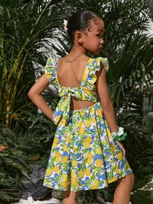 Rochie de vacanță pentru fete preadolescente, casual, drăguță, cu model de fructe tropicale, decolteu pătrat, mâneci fluturate, tiv evazat, decupat, spate cu fundă, ținute asortate pentru mami și cu mine (2 piese se vând separat)