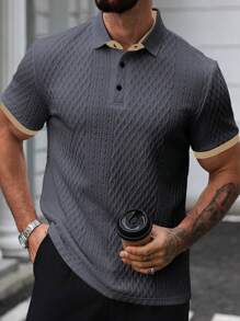 Manfinity Homme 男士撞色边商务休闲短袖 Polo 衫 夏季男士 Polo 衫 纹理 Polo 衫 男士高尔夫衫 针织 Polo 衫 男士短袖 Polo 衫 - 灰色 - 查看 3