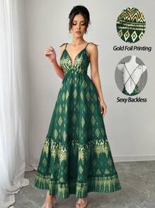 Breezaya Boho 女式 V 领性感优雅露背交叉系蝴蝶结金箔花卉印花波西米亚海滩连衣裙，荷叶边下摆无袖 2025 春夏新款演唱会服装毕业婚礼嘉宾晚礼服生日礼服演唱会服装女式长款连衣裙 - 綠色 - 查看 3