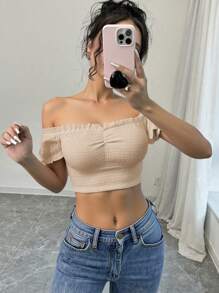 Chiquease Women's Solid Off Shoulder Textured Cropped Fashionable T-Shirt