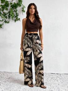 SHEIN Tall 女士热带植物印花抽绳腰休闲阔腿裤 - 黑色 - 查看 8