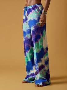 MISSGUIDED Wide Leg Resort Palazzo Pants Watercolor Print Beach Lounge Pants Comfortable Drawstring Lightweight Summer Wear - Blue - View 5