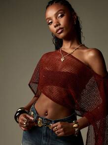 MISSGUIDED Crochet Fishnet Top Festival Boho Bohemian Knit Long Sleeve Cover Up Shoulder Summer Net Beach Mesh