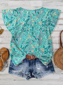 EMERY ROSE Women's Ditsy Floral Regular Fit Vacation Daily Casual Commute Ruffle Sleeve Blouse - Green - View 2