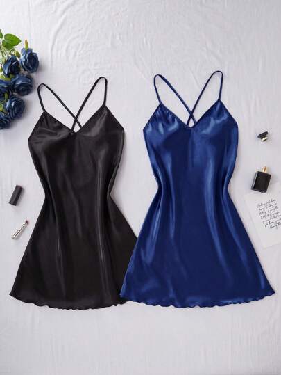 SilkySpell 2pcs Solid Color Cross Strap Satin Women's Nightgown, Dual-Tone Satin Slip Dress Silky Slip Dress Spaghetti Strap Nightgown Lingerie Slip Dress