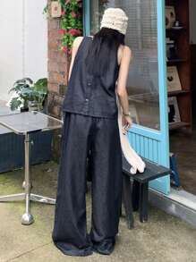 DAZY Women's Summer Bohemian Sequined Patchwork Sleeveless Top And Loose Casual Wide Leg Pants 2 Pieces Suit, Vacation Style