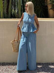 DAZY 2 piezas Conjunto de top sin mangas con cuello en V y pantalones anchos de pierna ancha casuales de verano para mujer, conjunto de ropa vaquera holgada para vacaciones, ropa de vuelta al colegio - Lavado ligero - Ver 1