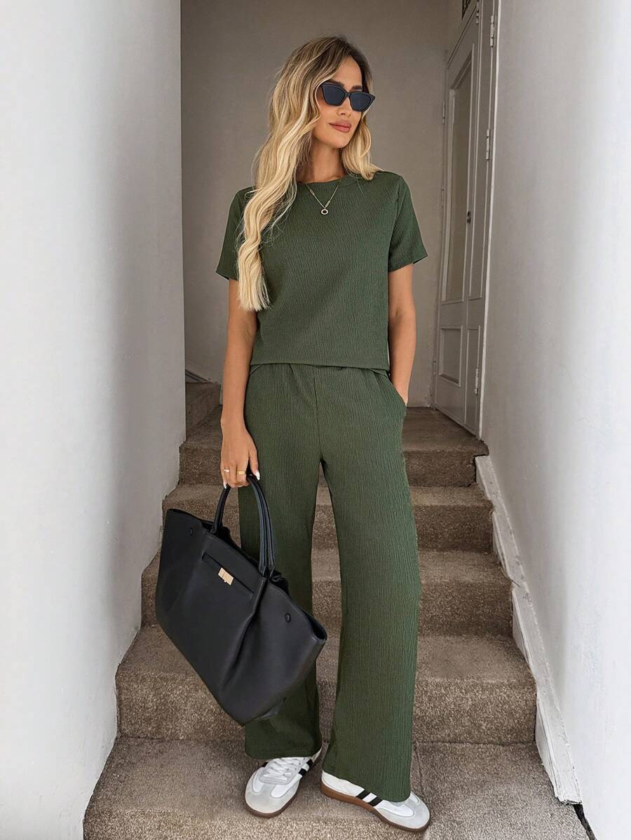 SHEIN LUNE 素色T恤和闊腿褲 - 軍綠色 - 查看 1