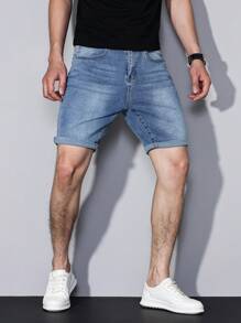 Manfinity Homme 男士翻边休闲百搭牛仔短裤，带口袋，男士牛仔短裤，浅色水洗牛仔短裤 - 中等水洗藍 - 查看 1