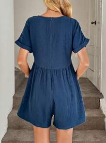 Easowa Solid Batwing Sleeve Pocket Patched Romper - Blue - View 2