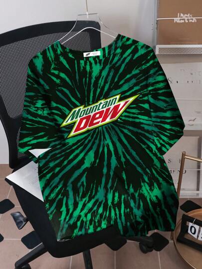 Mountain Dew X SHEIN Men's Tie-Dye & Letter Print Loose Fit Drop Shoulder Short Sleeve T-Shirt, Casual Summer