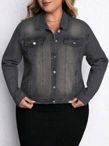EMERY ROSE Plus Size Women's Long Sleeve Single Breasted Stretch Denim Jacket - Grey - View 4