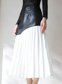 SHEIN Privé Elegant, Chic, Understated Long Asymmetrical Patchwork Color Block Pleated Chiffon Skirt, Suitable For Commuting, High-End Design Fall Cloth For Women - Black and White - View 5