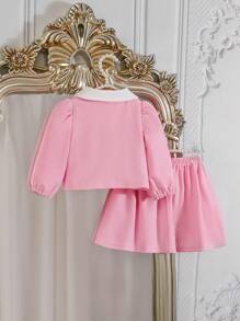SHEIN Niña bebé, otoño e invierno, dama rosa, elegante, noble, lujoso, lujoso, lujoso, lujoso, blusa de manga larga con cuello blanco, top con hebilla de encaje dorado y falda larga rosa son adecuados para ir de compras, jugar, asistir a fiestas, reuniones y cocina occidental en otoño - Rosa - Ver 2