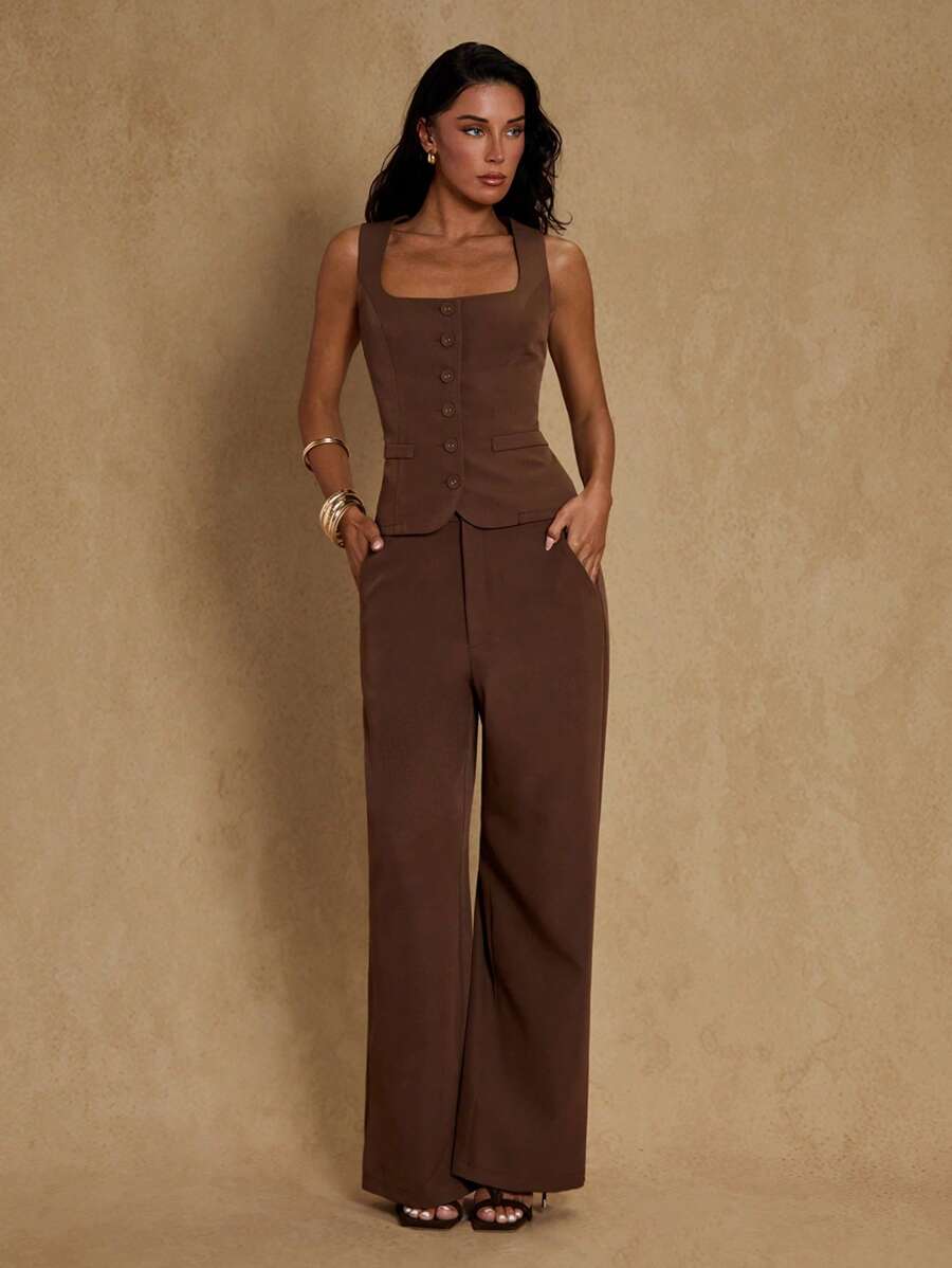Glamine Grammy Women's Sleeveless Suit Vest Slim Square Collar Front Button Trousers Commuter Suit Simple Old Style With Pocket Straight Pants Women's Suit Simple And Generous Office Business Casual Wear Summer Two-Piece Suit Brown Two-Piece Suit Women's Wear - Rust Brown - View 1