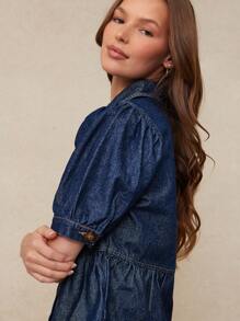 WESTFADE 前开襟纽扣短款泡泡袖荷叶边棉混纺牛仔上衣乡村西部夏季牛仔女郎纳什维尔音乐会 - 深色水洗藍 - 查看 3