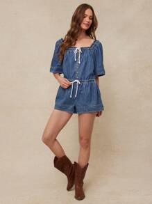 WESTFADE 方领系带前垂腰半袖宽松棉混纺牛仔连体衣乡村西部牛仔女装 - 中等水洗藍 - 查看 3