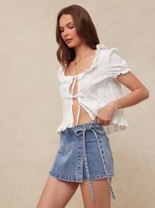 WESTFADE Quần short denim ngắn cạp cao có thể gập lại, buộc eo bên hông, thắt nơ, đính túi sau, quấn phía trước - Rửa nhẹ - Xem 3