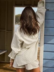 Aralina Women's Autumn/Winter Casual Textured Striped Oversized Button Up Drawstring Long Sleeve Shirt - Apricot - View 2