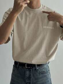 DAZY Men's Letter Print Beige Round Neck Drop Shoulder Short Sleeve Casual T-Shirt, Summer - Beige - View 4