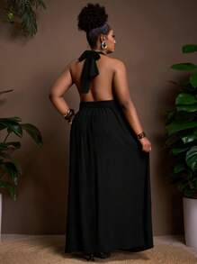 Veslaya 2025 春夏新款时尚休闲度假、日常外出、优雅通勤性感黑色纯色宽松无袖深 V 领露背系带前腰带圆扣装饰编织纹理面料女式大码长裙 - 黑色 - 查看 3