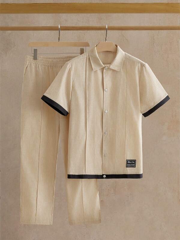 HIMLAND 2pcs/Set Men's Casual Striped Shirt Outfit, Fashionable & Comfortable Summer Suits