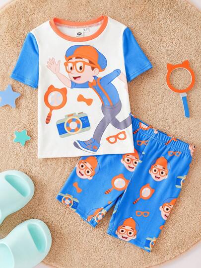 Blippi X SHEIN Conjunto de pijama con camiseta de manga corta de estilo casual y diseño de dibujos animados, y pantalones cortos ajustados de color azul lindo para niño pequeño