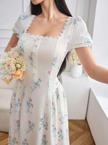 Modelyn 女士花卉印花撞色蕾丝泡泡袖优雅连衣裙 - 白色 - 查看 3