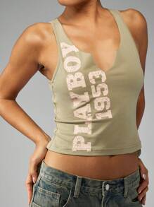 Missguided x Playboy Distressed Text Print Crop Tank Racer Back Workout Top Summer Festival Y2K Style Top - Green - View 5