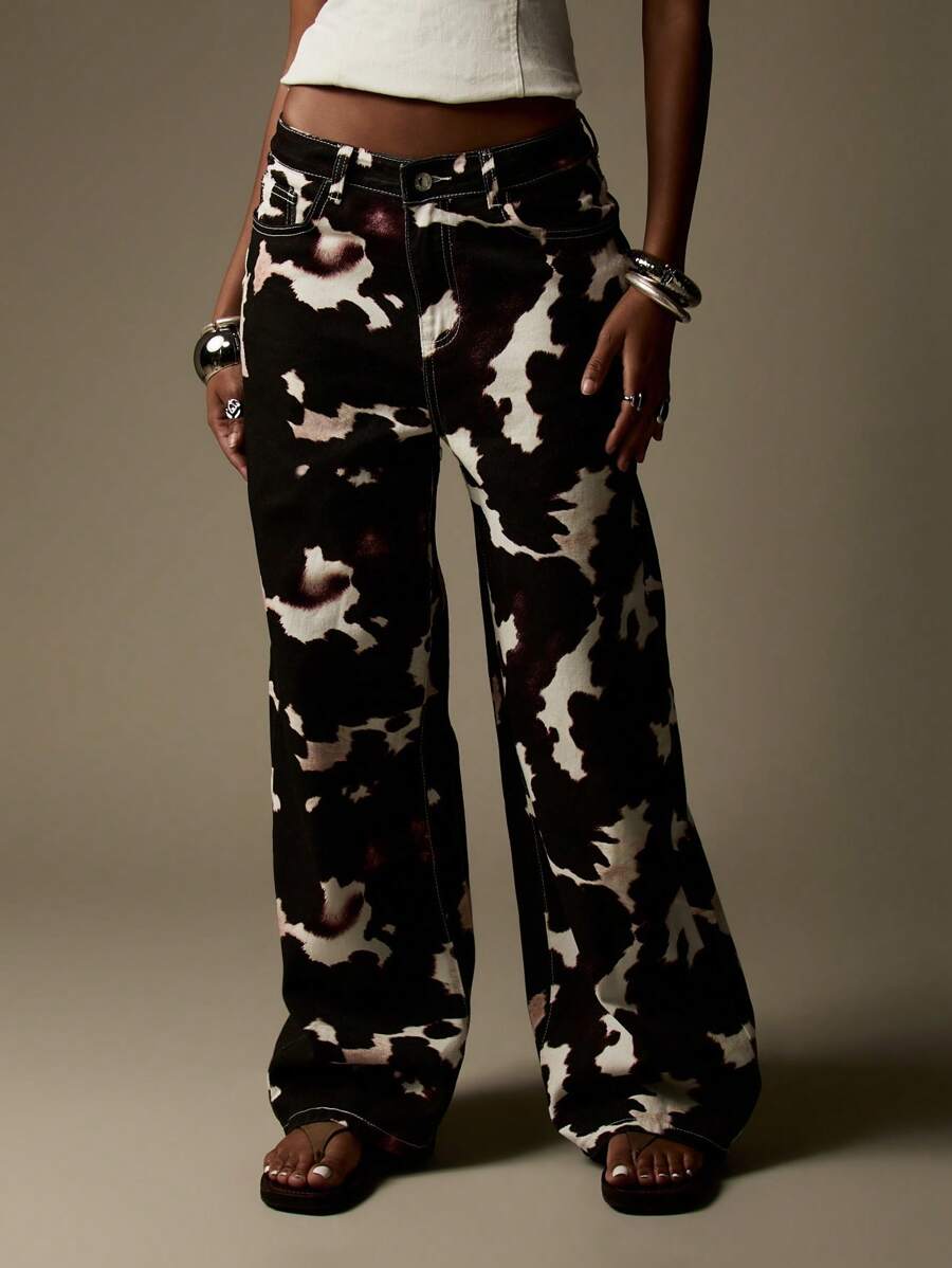 MISSGUIDED Quần Jeans In Hình Con Bò Thời Trang Y2K Ống Rộng Phong Cách Phương Tây Lễ Hội Quần Thu Đông Bộ Sưu Tập - Đen và trắng - Xem 1