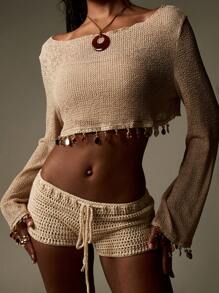 MISSGUIDED Crystal Embellished Knit Crop Top Festival Boho Summer Beach Long Sleeve Crochet Beaded Top - Khaki - View 7
