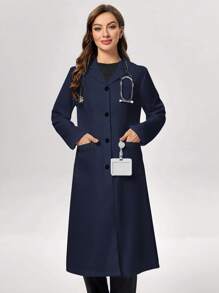 TaskEZ Solid Color Front Button-Up Mid-Length Lab Coat - Navy Blue - View 5