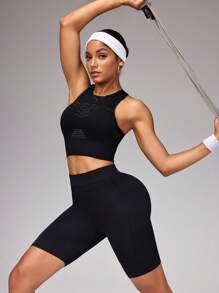 SHEIN Sports 女式纯色弹力短款背心和紧身裤运动服套装（夏季） - 黑色 - 查看 1