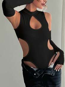INAWLY Solid Cut Out Bodysuit With Arm Sleeves Fall Cloth For Women - Black - View 6