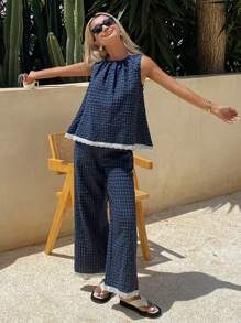 Livesso Women Two Pieces Outfits For Daily Wear Vacation - Navy Blue - View 2