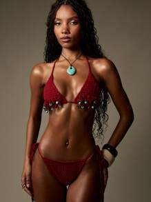 MISSGUIDED Handmade Crochet Boho Beach Bikini Set With Turquoise Beads Summer Poolside Swimsuit Resort Wear Vacation Beachwear - Burgundy - View 8