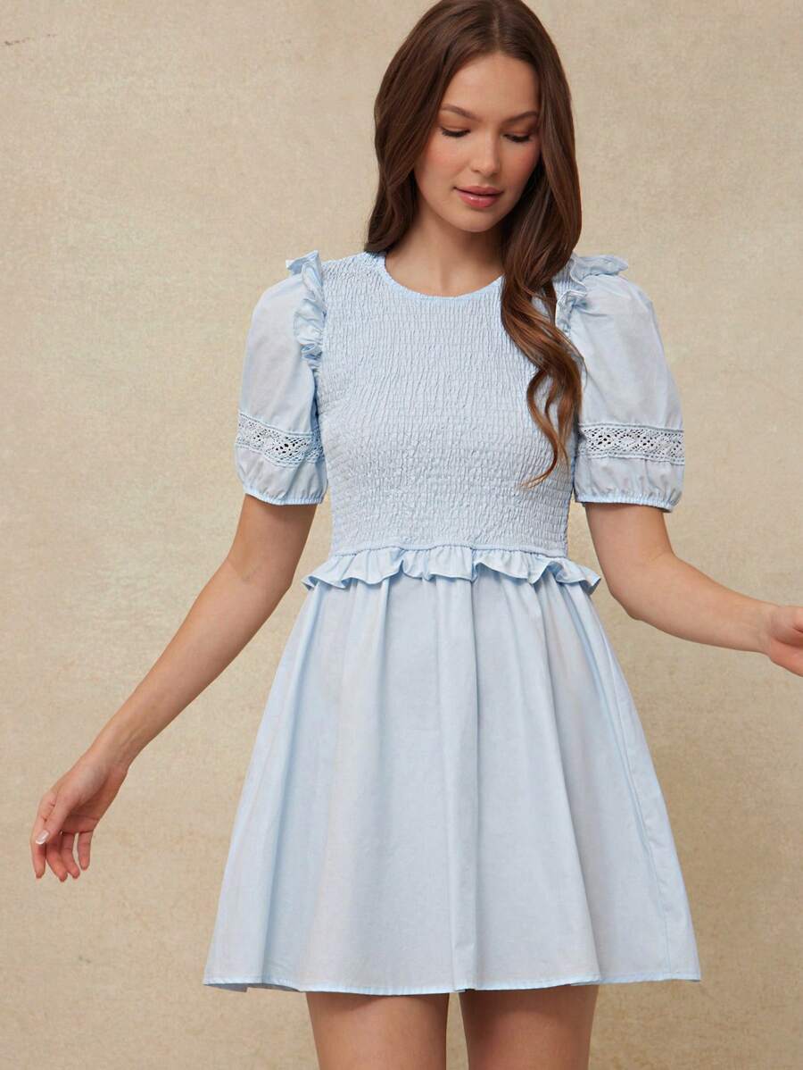 100% 纯棉府绸圆领褶饰低腰荷叶边短款泡泡袖 A 字迷你连衣裙夏季太阳裙波西米亚风牛仔海滩度假风 - 藍色 - 查看 1