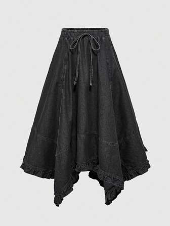 Goth Falda midi de mezclilla con bajo asimétrico lavado, estilo gótico para mujer