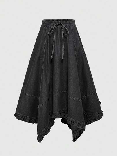 Goth Gonna midi in stile gotico, denim sfumato con orlo asimmetrico, per donne