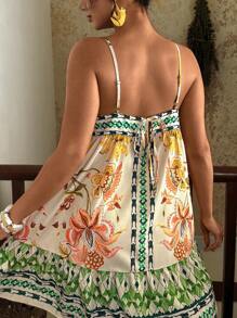 Travachic 加大码波西米亚风热带彩色花卉印花无袖短款太阳裙，女士休闲度假装，初秋 - 彩色 - 查看 8