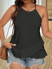 SHEIN LUNE Plus Size Summer Eyelet Embroidery Halterneck Top - Black - View 1