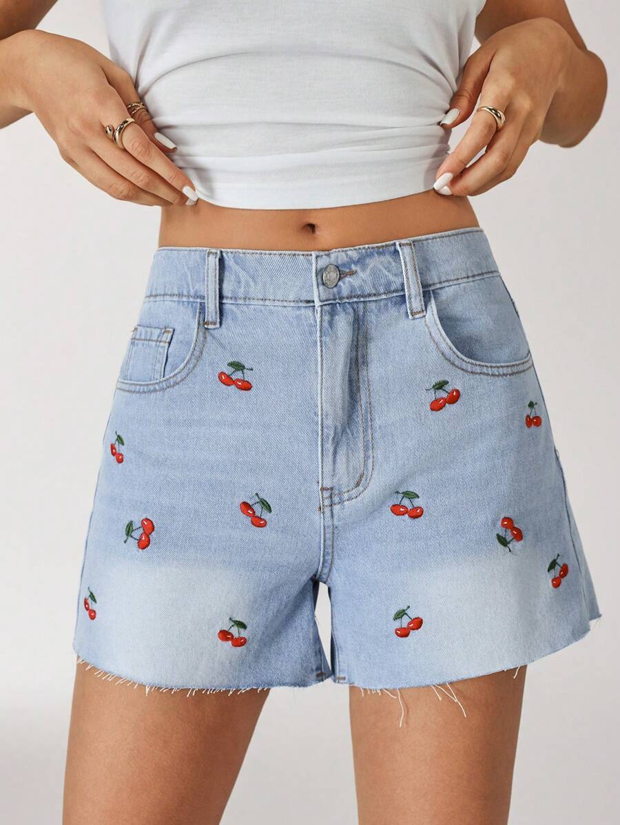Jeanoix High Waist Embroidered Cherry Washed Denim Shorts - Light Wash - View 1
